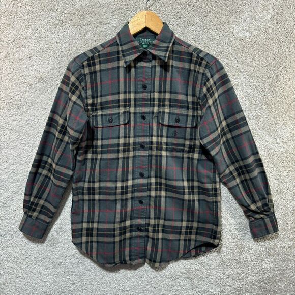 Lauren Ralph Lauren Shirt Women's PXS Gray Plaid Button Up Long Sleeve Pockets - Picture 1 of 11